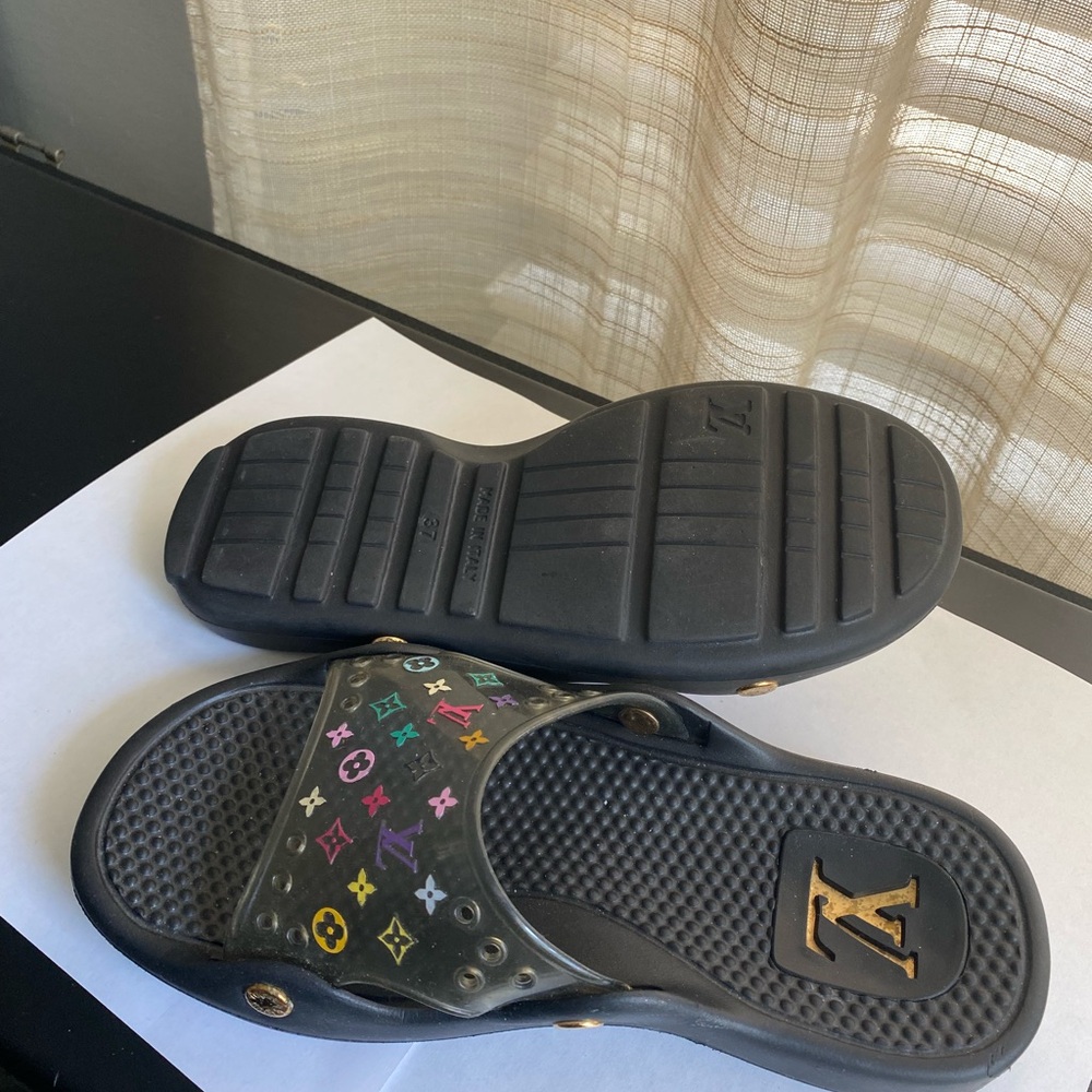 Louis Vuitton Black Slide Sandals Multicolor Logo Murakami 37 spa beach mules 7 - Picture 6 of 7